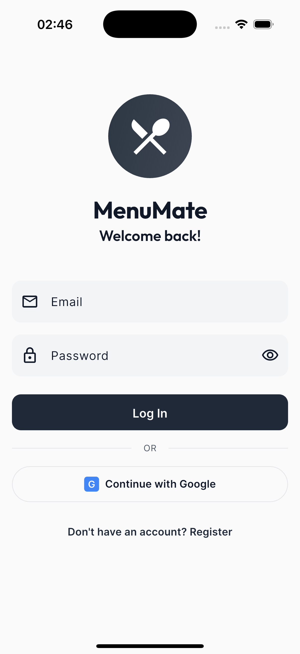 Menu Mate login screen